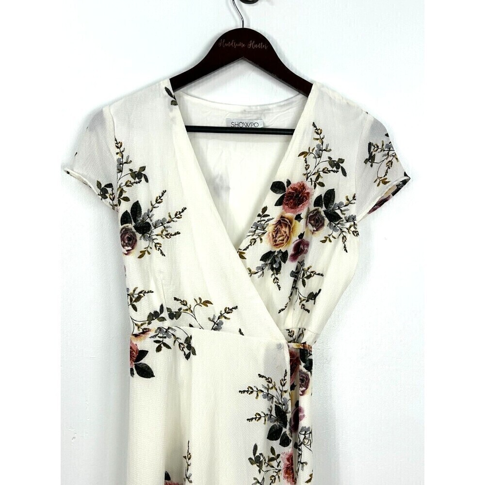 Showpo Womens Size 14 Cream Floral Wrap Coss Maxi Dress Cap Sleeves Flowy T4 - Picture 5 of 12